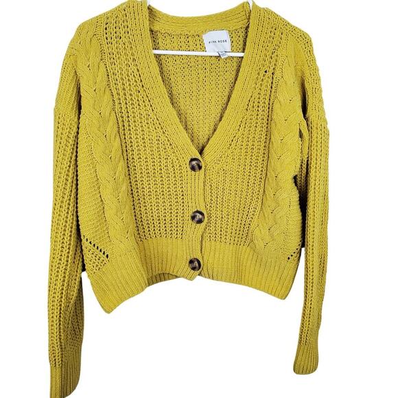 Pink Rose Sweaters - PINK ROSE | Cropped Chunky Knit | Yellow | Cardigan Sweater | Medium